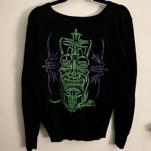 Tribal Tiki Screenprinted Black Cardigan Sweater